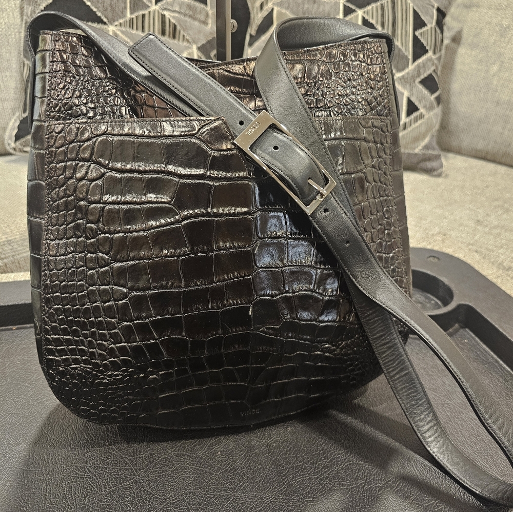 VINCE Croc-Embossed Black Leather Shoulder Bag